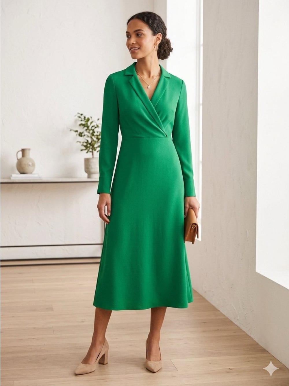 Tailored Green Wrap Midi Dress with Long Sleeves